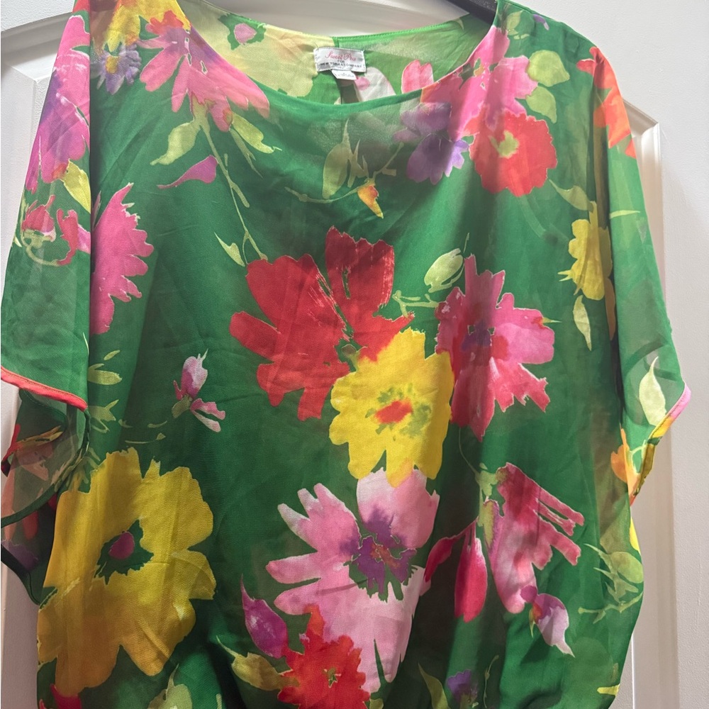 Sweet Pea Green Floral Sheer Tunic with Pink, Yellow & Red Blooms